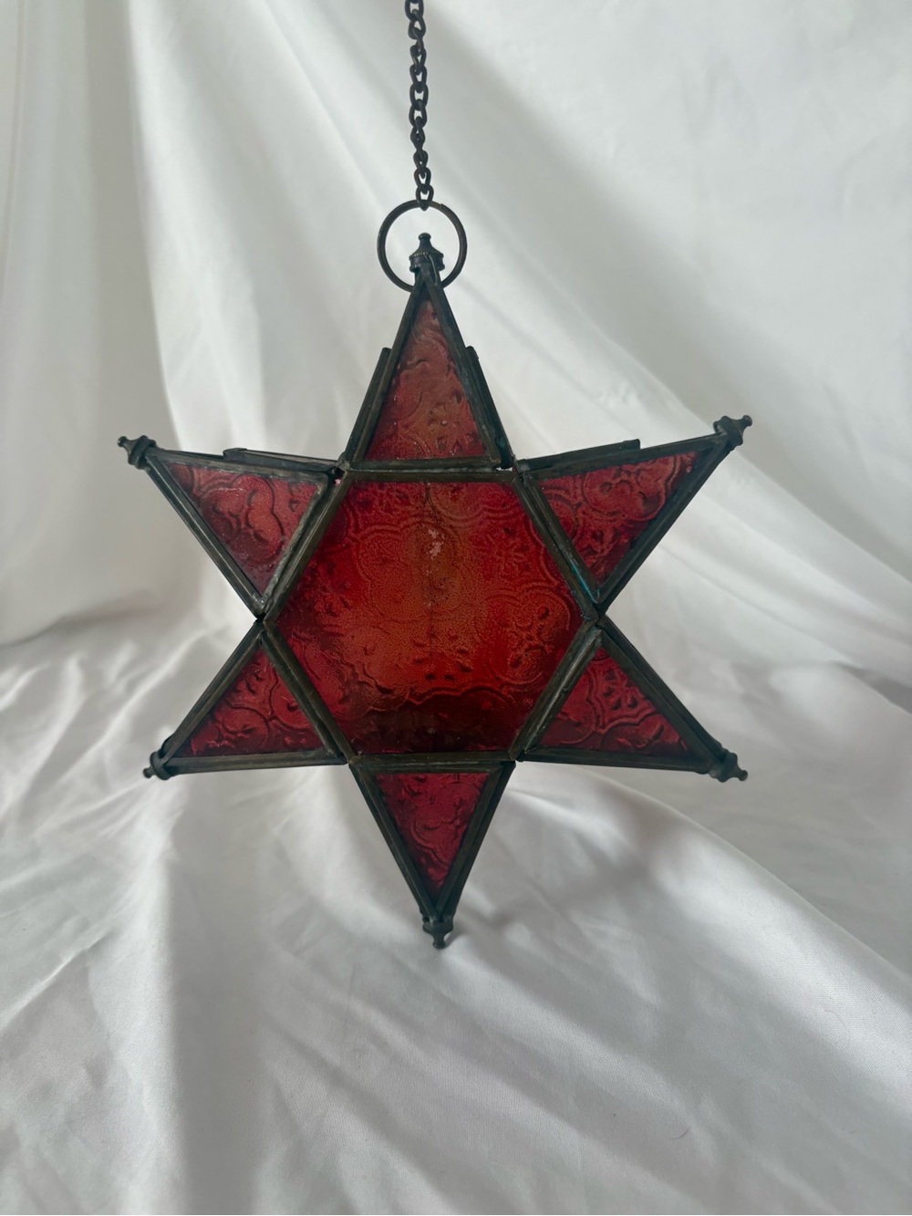 Vintage burgundy red glass star candle lantern hanging home decor celestial